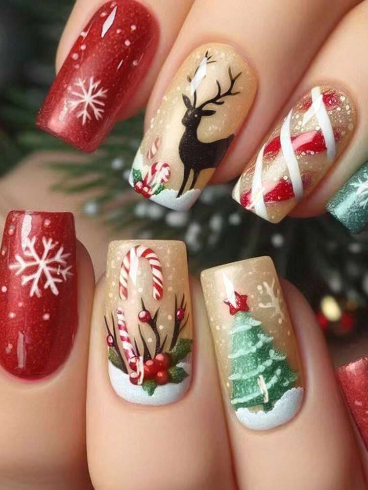 24pcs Short Square Christmas Press On Nails, Tree Snowman Elk French Tip Design, Acrylic False Nail Set With Glue & File For Holiday Use