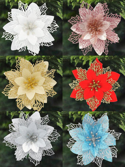 10pcs Glitter Poinsettia Ornaments with Clips & Stems, Sparkling Artificial Christmas Décor for Trees & Wreaths