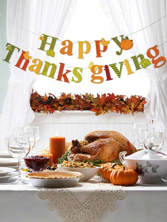 Happy Thanksgiving Autumn Banner, Festive Party Decoration with Pumpkins and Leaves, Perfect Fall Season Home or Table Display