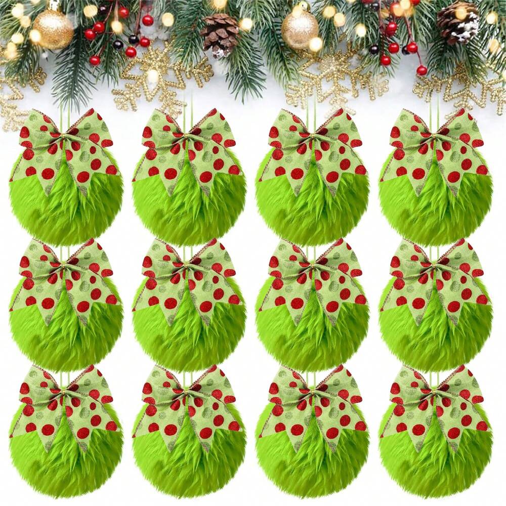 12pcs Green Plush Christmas Tree Hanging Ornaments with Bows, Soft and Festive Holiday Decorations for Home, Tree, or Office Display
