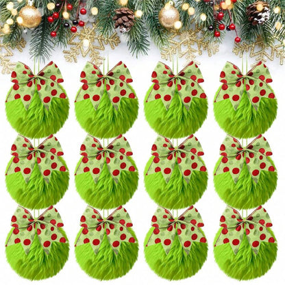 12pcs Green Plush Christmas Tree Hanging Ornaments with Bows, Soft and Festive Holiday Decorations for Home, Tree, or Office Display