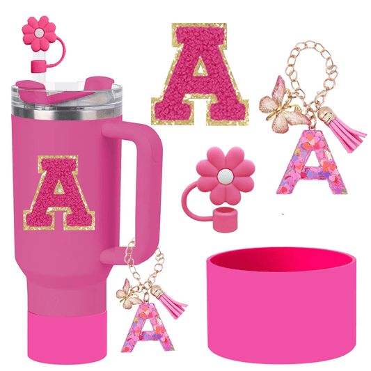 A–Z Cup Accessory Set (4pcs) with Straw Cap, Letter Pendant, Silicone Cup Boot, and Letter Sticker, Personalized Surprise Gift for Friends and Family