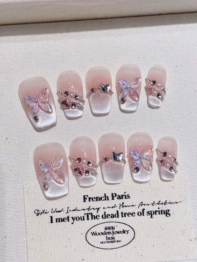 10pcs Short Trapezoid Press On Nails, Pink Glitter Butterfly Rhinestone Design, Light Luxury Romantic Handmade Nail Set For Daily Use