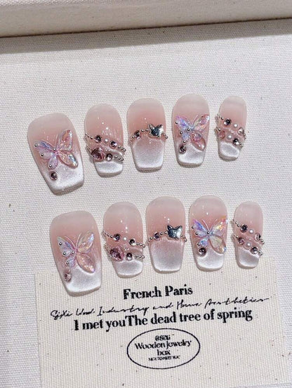 10pcs Short Trapezoid Press On Nails, Pink Glitter Butterfly Rhinestone Design, Light Luxury Romantic Handmade Nail Set For Daily Use