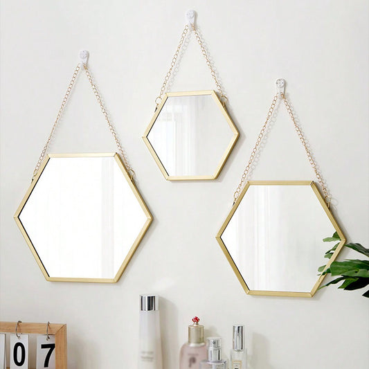 Modern Nordic Iron Art Hexagonal Wall Mirror, Elegant Hanging Makeup Mirror for Living Room, Bedroom or Bathroom, Minimalist Home Decor