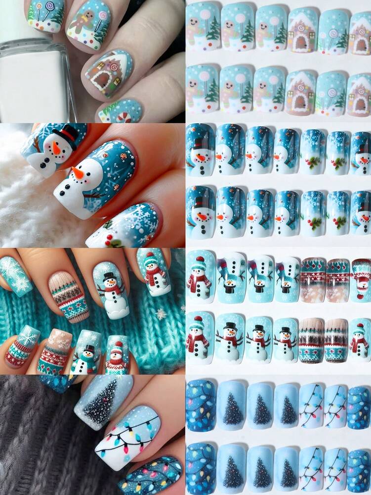 96pcs Short Square Christmas Press On Nails, Gingerbread Santa Snowman Snowflake Elk Design, Festive Acrylic Nail Set For Women Holiday Party