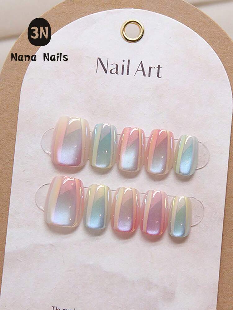 10pcs Short Ballet Press On Nails, Gradient Candy Color Cat Eye Design, Glossy Salon Look Nail Set For Women Reusable Daily Wear