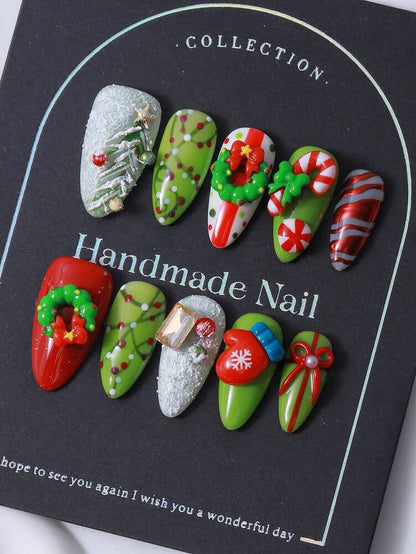 10pcs Almond Christmas Press On Nails, 3D Gloves And Hand Painted Tree Design, Y2K Hot Girl Style Handmade Nail Set For Women Holiday Look