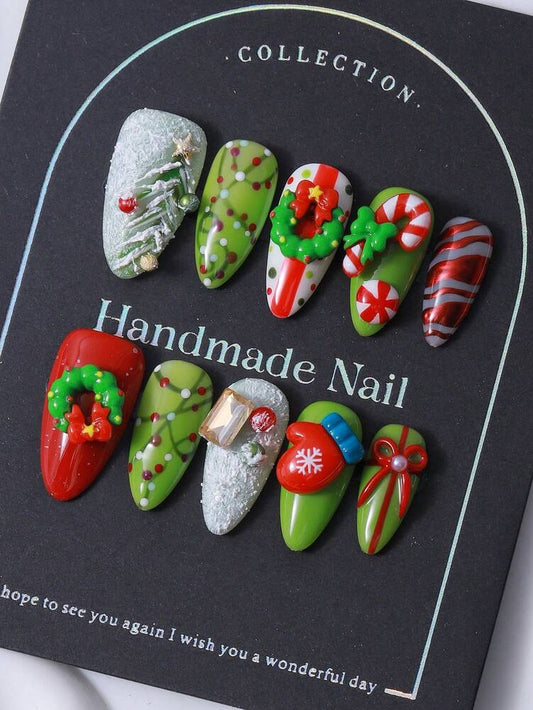 10pcs Almond Christmas Press On Nails, 3D Gloves And Hand Painted Tree Design, Y2K Hot Girl Style Handmade Nail Set For Women Holiday Look