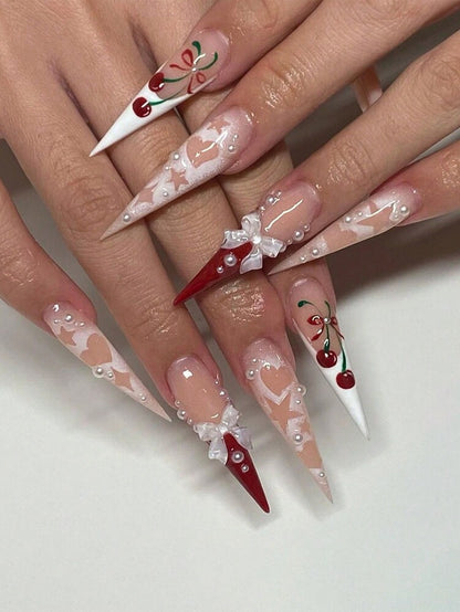 24pcs Long Stiletto French Press On Nails, White Red Cherry Pattern With 3D Bow And Pearl Decor, Romantic Bling Nail Set For Party Look