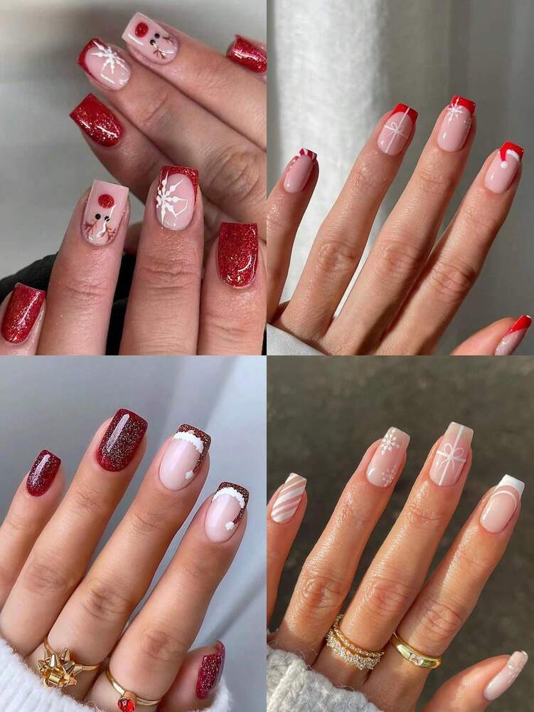 96pcs Short Square Christmas Press On Nails, Snowman Gingerbread Candy Cane Tree Star Design, Acrylic Nail Set With Jelly Glue & File For Holiday Look
