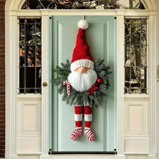 Festive Christmas Gnome Door Hanging Decoration, Polyester Over-the-Door Wreath with Red Striped Legs, Holiday Wall Décor for Home or Office