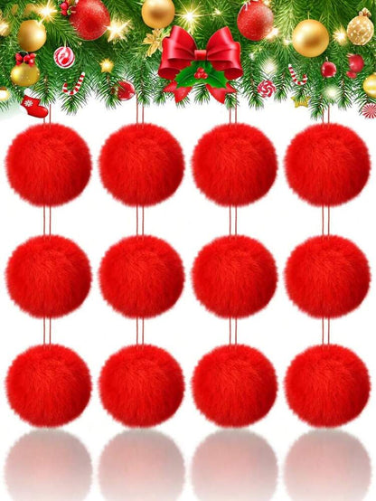 12pcs Red Fluffy Christmas Ball Ornament Set, Soft Faux Fur Tree Decorations for Home, Fireplace or Party Holiday Décor