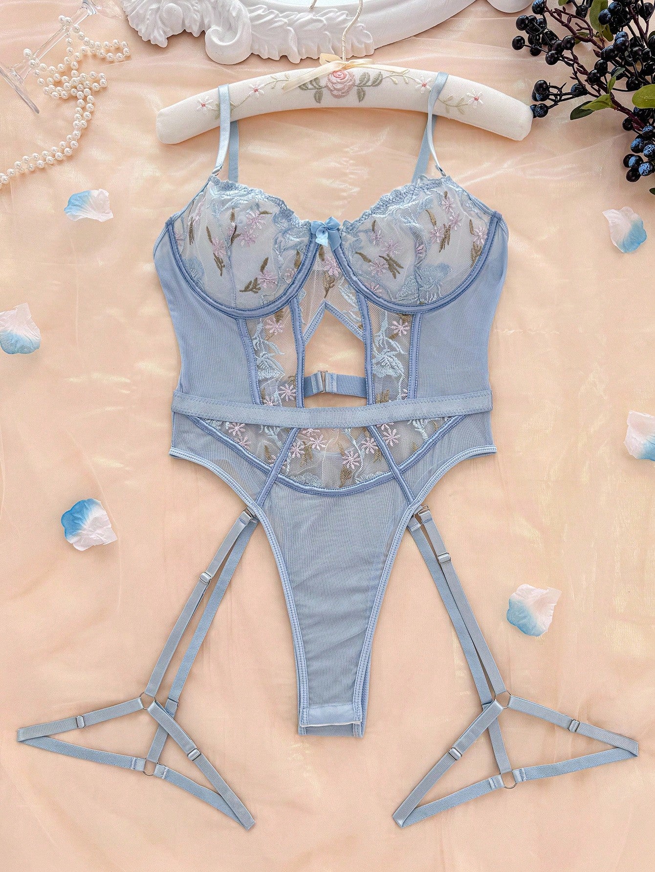 3-Piece Floral Embroidery Mesh Underwire Teddy Bodysuit Lingerie