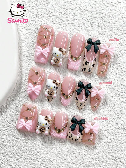 10pcs Sanrio Fall Press On Nails, 3D Leopard Hello Kitty Design With Pink Black Bow Charms, Handmade French Nail Set For Autumn Daily Wear