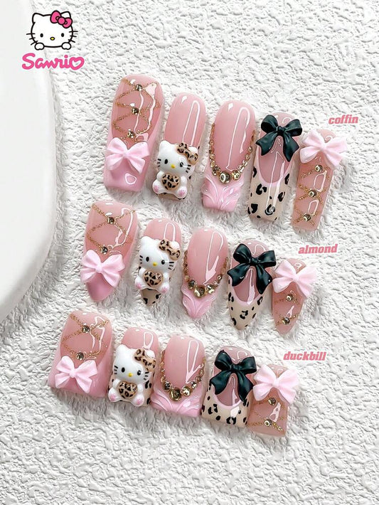 10pcs Sanrio Fall Press On Nails, 3D Leopard Hello Kitty Design With Pink Black Bow Charms, Handmade French Nail Set For Autumn Daily Wear