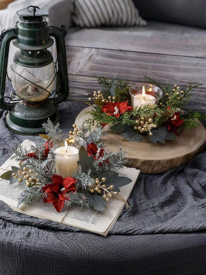 Christmas Candle Ring Holder with Red Flowers, Gold Berries & Greenery, Holiday Table Centerpiece