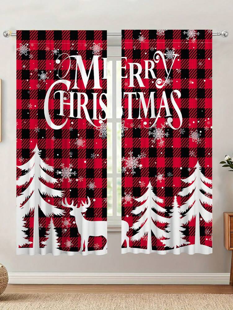 2-Piece Christmas Reindeer and Tree Blackout Curtain Set, Holiday Window Panels for Home Living Room or Bedroom Decor