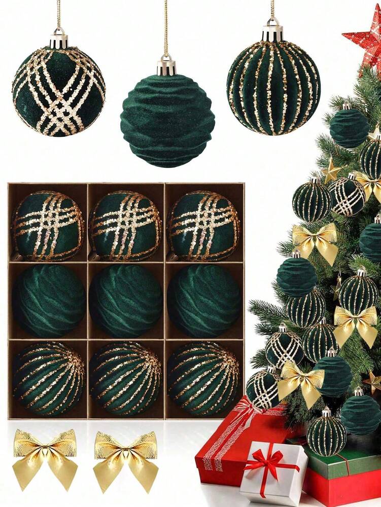 9pcs Green Velvet Christmas Tree Ball Ornaments, Flocked Painted Shatterproof Hanging Décor for Holiday Trees & Home Display