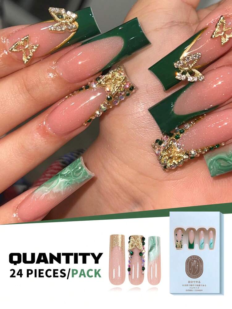 24pcs Medium Square Green French Press On Nails, Butterfly Rhinestone Charm Design, Gradient Glitter Nail Set For Women Party And Daily Wear