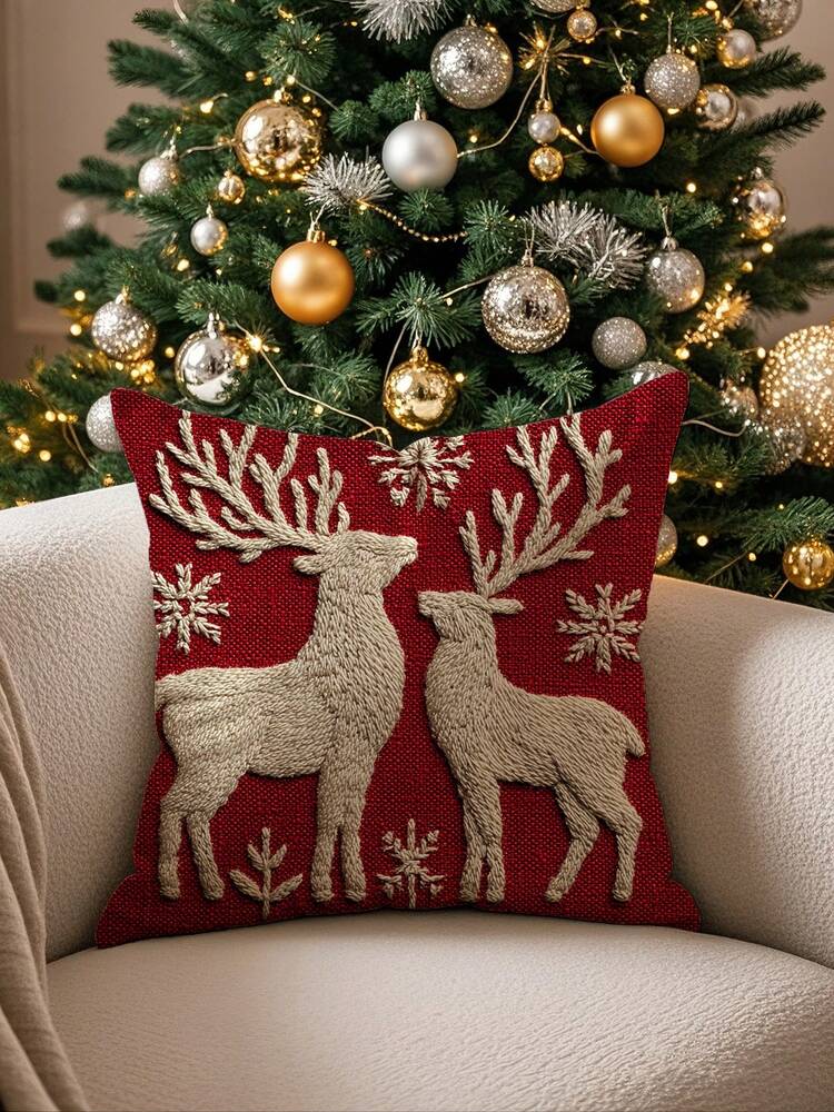 Christmas Reindeer Pillow Cover, 17.7x17.7" Linen Throw Pillowcase, Single-Sided Digital Print Cushion Cover for Sofa, Bed, Car & Holiday Home Decor
