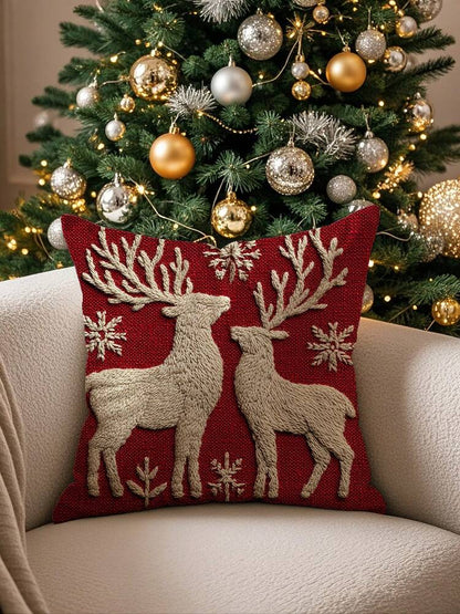 Christmas Reindeer Pillow Cover, 17.7x17.7" Linen Throw Pillowcase, Single-Sided Digital Print Cushion Cover for Sofa, Bed, Car & Holiday Home Decor
