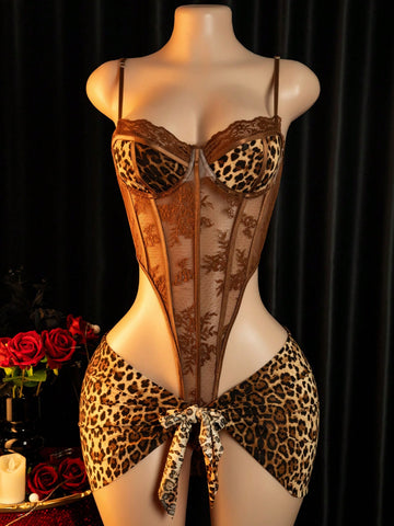 Women Leopard Pattern Bodysuit With Underwire Lace Cups And Sheer Mesh Panels, Adjustable Strap Design, Matching Wrap Skirt Detail, Suitable For General Wear And Styling