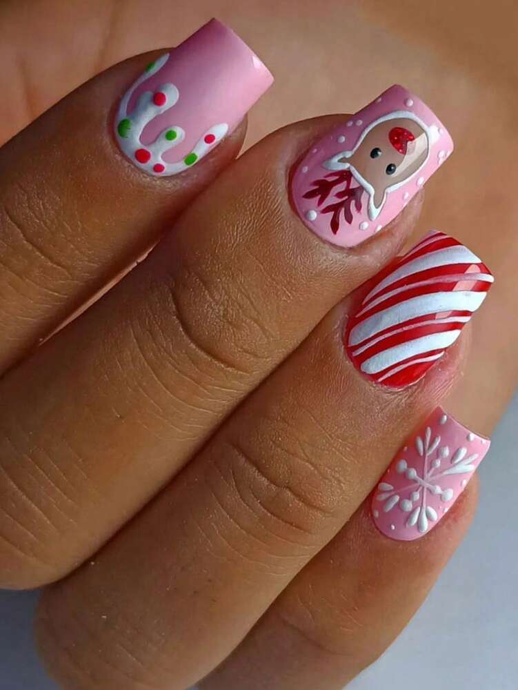 24pcs Short Red Christmas Press On Nails, Snowflake Glitter Design, Blue And Red Winter False Nails For Women, Easy To Apply Nail Supplies