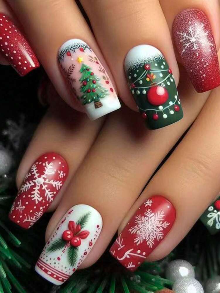 24pcs Short Square Christmas Press On Nails, Snowman Tree Elk French Tips, Acrylic False Nail Set With Glue & File For Holiday Daily Wear