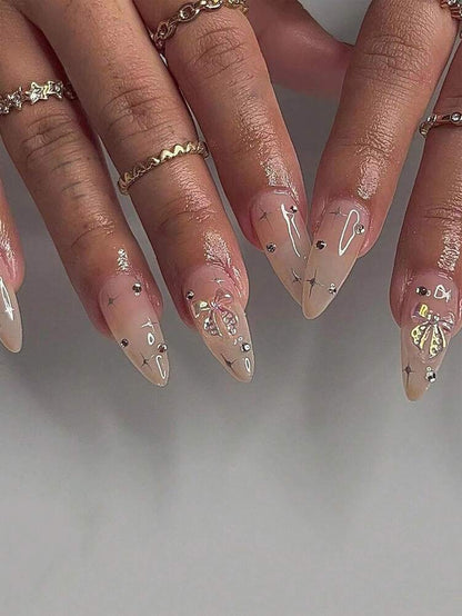 24pcs Long Almond Press On Nails, French Tips With Bow And Star Decor, Elegant Full Cover Acrylic Nails With Tape & File For Women Girls