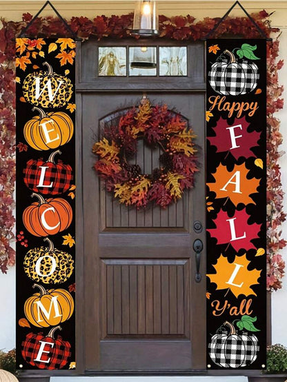 Autumn Porch Welcome Banner Set, Pumpkin & Maple Leaf Front Door Hanging Sign, Seasonal Farmhouse Fall Decoration for Indoor & Outdoor Use