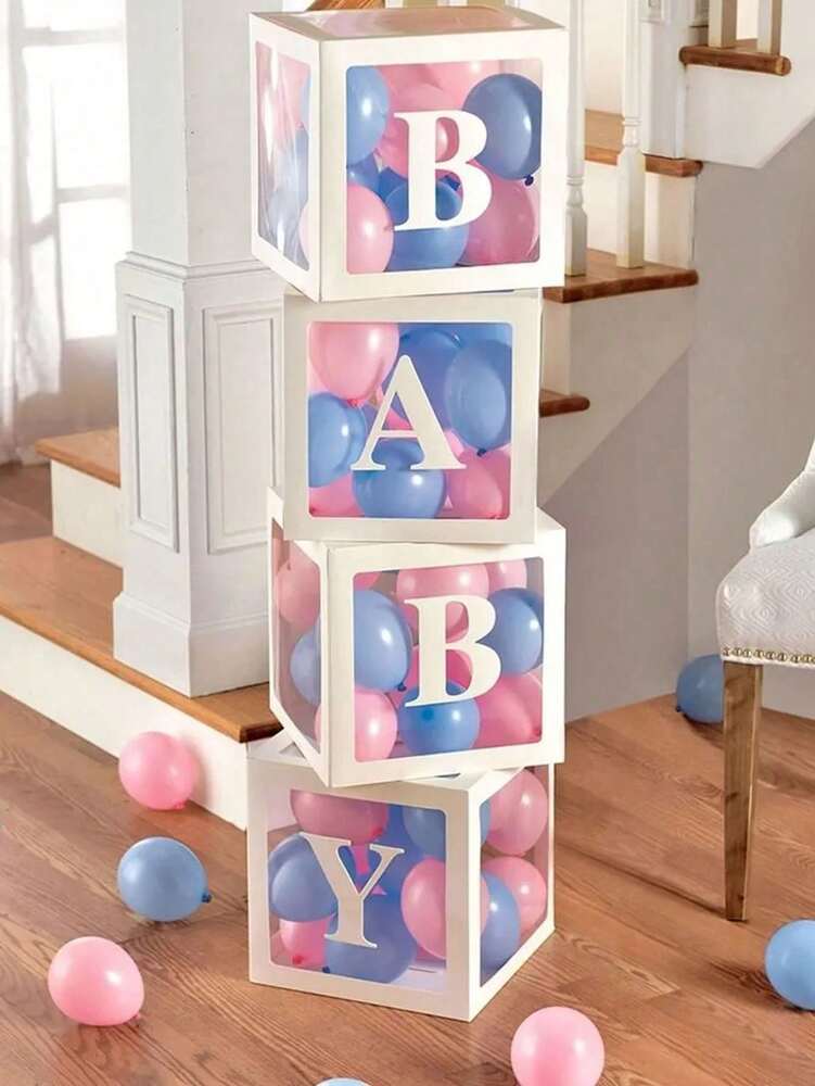 8pcs Transparent Baby Shower Boxes Set, 25cm Letter Balloon Boxes for Gender Reveal Party, Baby Boy or Girl Shower Decorations and Photography Props