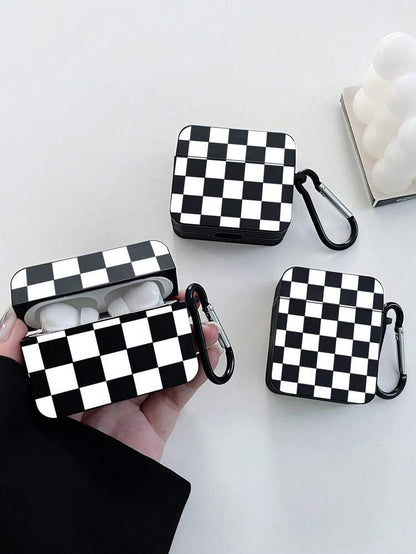 Checkerboard AirPods Case, Black Retro Check Cover with Metal Hook, Compatible with AirPods 1/2/3/Pro/Pro 2, Protective Stylish Design