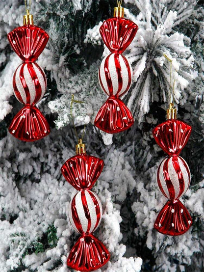 6pcs Red & White Plastic Christmas Ornaments, Striped, Polka Dot & Gingerbread Designs, Durable Lightweight Tree Decorations for Home & Holiday Decor