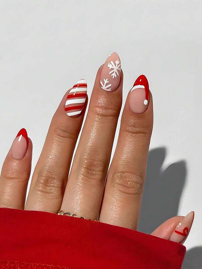 Christmas Long Almond Press On Nails 24pcs, Red French Tips With White Snowflakes And Santa Hat Design, Acrylic False Nails Set For Holiday Or Party