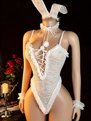 4 Sets, Cute Bunny Girl Lace Lingerie, One-Piece Slimming See-Through Halter Strap Set, Innocent Uniform Set Includes: Headband + Neck Ring + Clothing + Bracelet