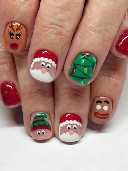 24pcs Christmas Press-On Nails, Short Square Snowman Design with Glitter French Tips, Acrylic False Nail Set with Jelly Glue & File for Holiday Wear
