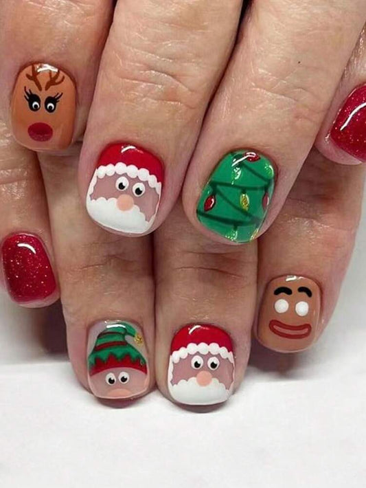 24pcs Christmas Press-On Nails, Short Square Snowman Design with Glitter French Tips, Acrylic False Nail Set with Jelly Glue & File for Holiday Wear