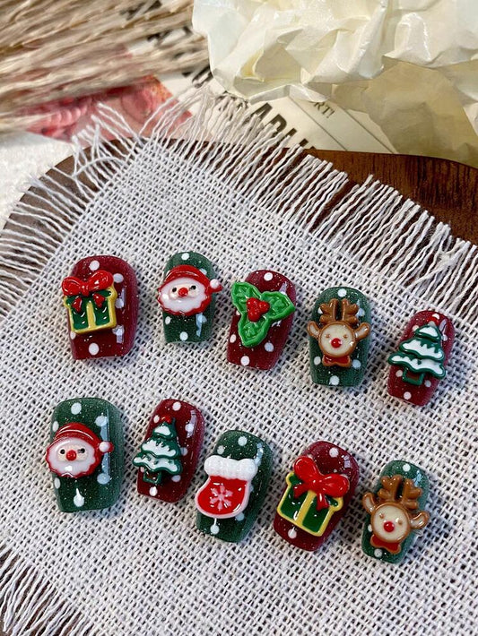 10pcs Short Square Christmas Press On Nails, Red And Green Design With 3D Holiday Charms, Acrylic Nail Set For Women Wedding Or Festival Wear