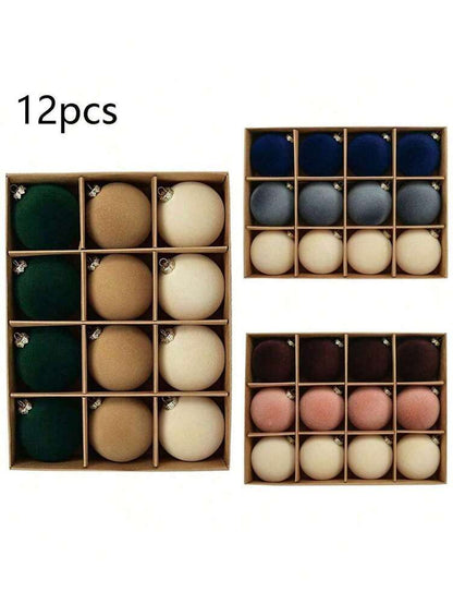 12pcs Velvet Flocked Christmas Decoration Balls, Drop-Proof Plastic Ornaments, Elegant Tree Baubles for Parties, Birthdays, or Holiday Photoshoots