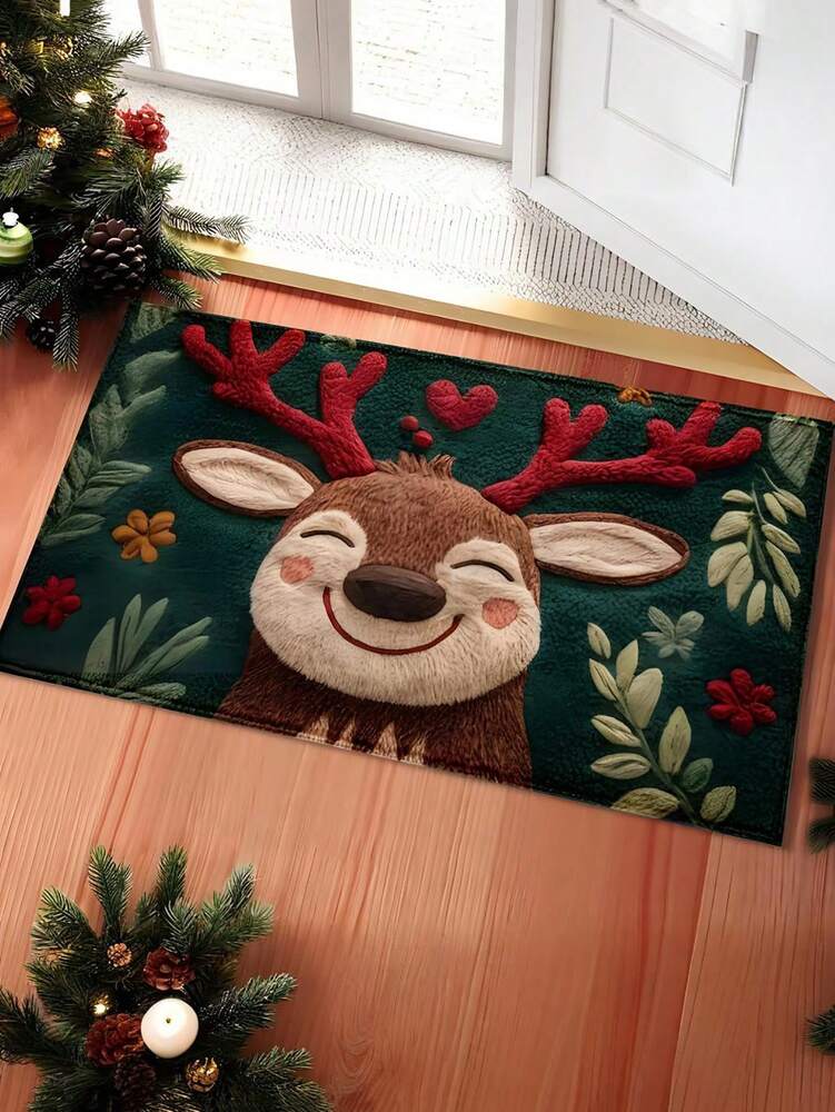 Fluffy Christmas Deer Microfiber Bath Mat, Quick-Dry and Absorbent Holiday Floor Rug for Bathroom, Kitchen or Home Decor