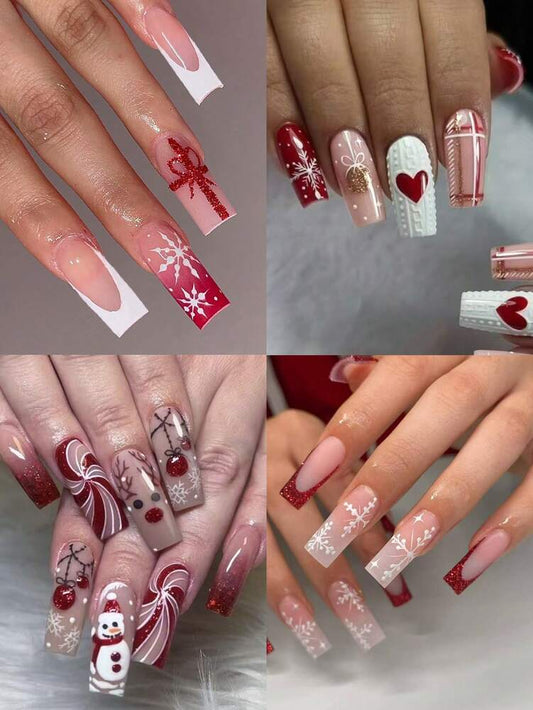 96pcs Long Square Christmas Press On Nails, Snowman Gingerbread Candy Cane Tree Star Design, Acrylic False Nail Set For Women Holiday Party Wear