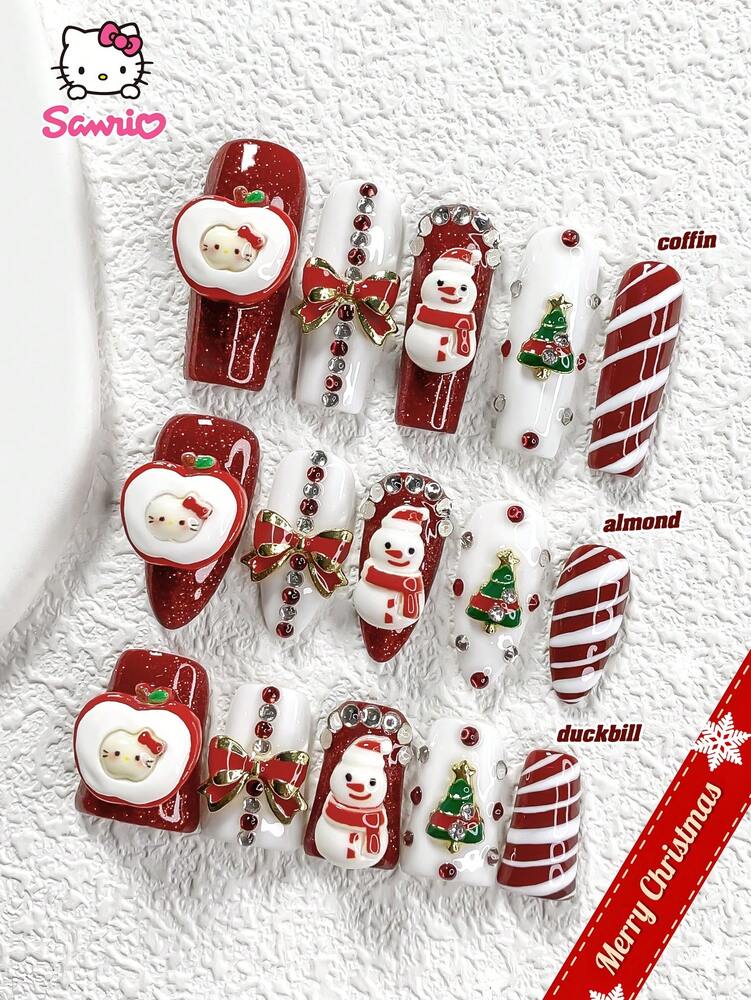 10pcs Luxury Press On Nails, 3D Apple Kitty Design With Rhinestones, Bow And Snowman Charms, Glossy Holiday Acrylic Nail Set For Winter Party
