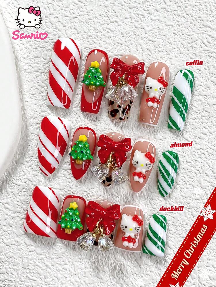 10pcs Christmas Bells Press On Nails, 3D Cute Kitty Design With Leopard Print And Tree Charms, Red And Green Glossy French Tips For Holiday Party Wear