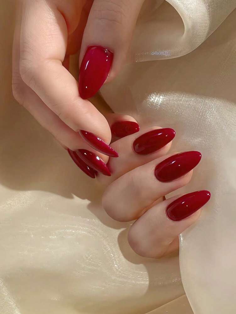 24pcs Long Almond Red Press On Nails, Glossy Full Cover Acrylic Nail Set, Elegant Design For Women Daily Work Or Special Occasions