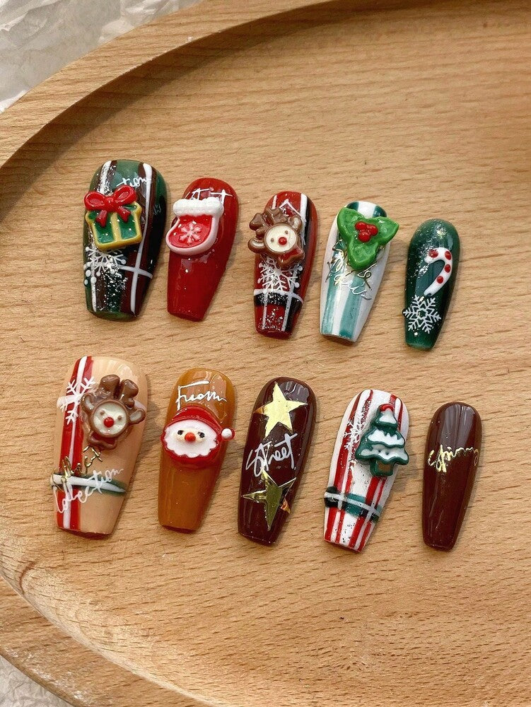 10pcs Long Coffin Christmas Press On Nails, Red And Green Design With Glitter Snowflake Charms, Acrylic Nail Set For Women Holiday Party Gift