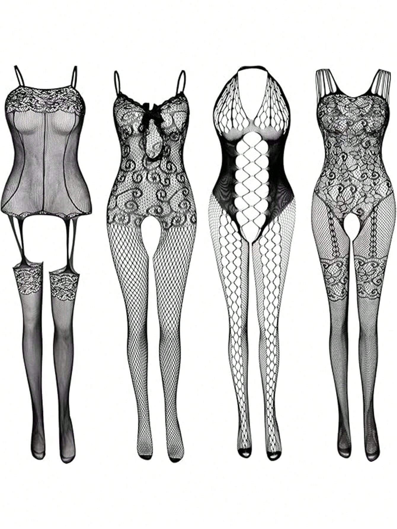 4pcs Women's Lace Stockings Lingerie Floral Fishnet Bodysuits Lingerie Nightwear For Romantic Date Wearing