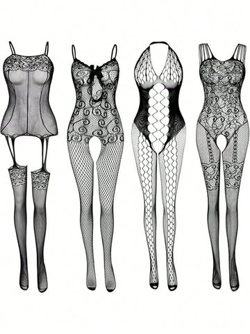 4pcs Women's Lace Stockings Lingerie Floral Fishnet Bodysuits Lingerie Nightwear For Romantic Date Wearing