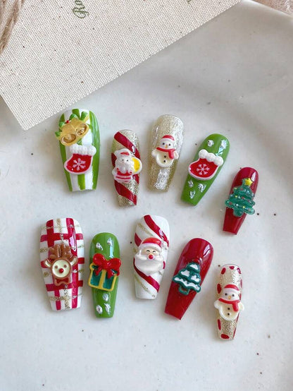 10pcs Long Coffin Christmas Press On Nails, Santa Snowman And Tree Design, Glossy Acrylic Nail Set For Women Party Festival Or Holiday Use