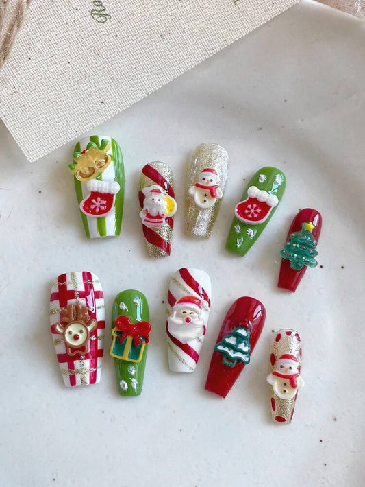 10pcs Long Coffin Christmas Press On Nails, Santa Snowman And Tree Design, Glossy Acrylic Nail Set For Women Party Festival Or Holiday Use